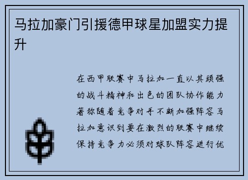 马拉加豪门引援德甲球星加盟实力提升